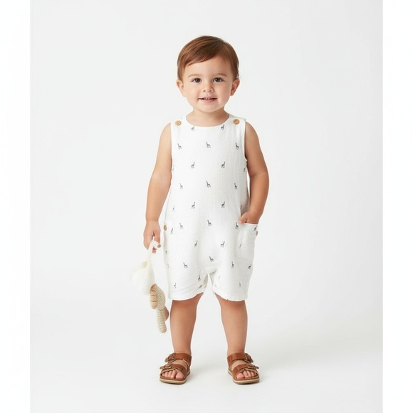 Janie and Jack Kids Romper White Giraffe Print Sleeveless Button Closure sz 6-9M - Picture 1 of 12